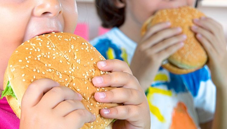 Zwei Kinder beißen in Hamburger