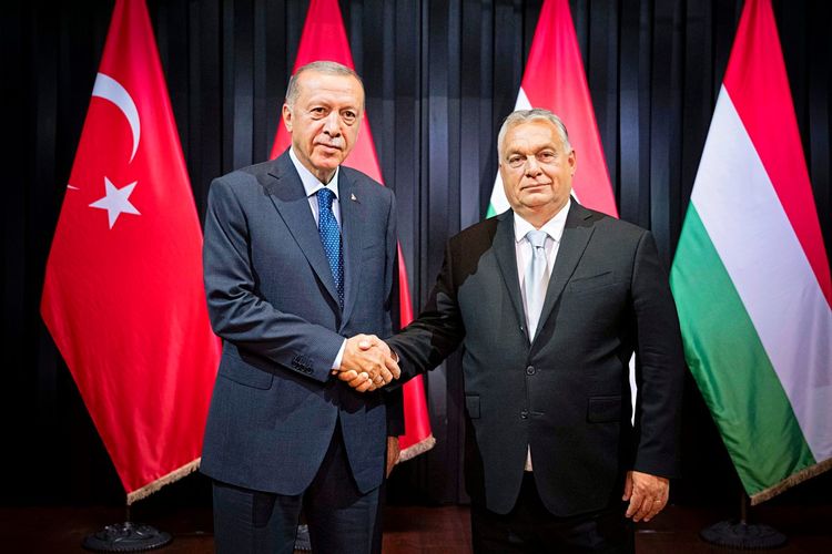 Recep Tayyip Erdoğan und Viktor Orbán vor ihren Landesflaggen, mit freundlicher Mimik und beim Handshake.