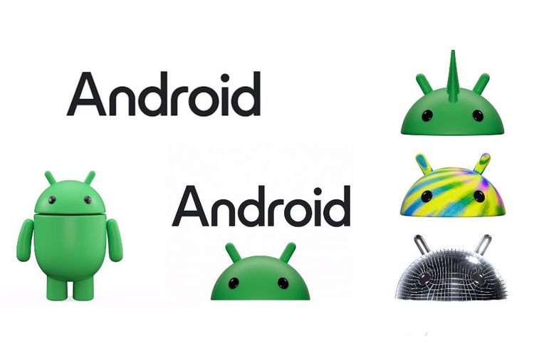 Diverse Schriftzüge und Grafiken zeigen die Überarbeitung der Android-Marke