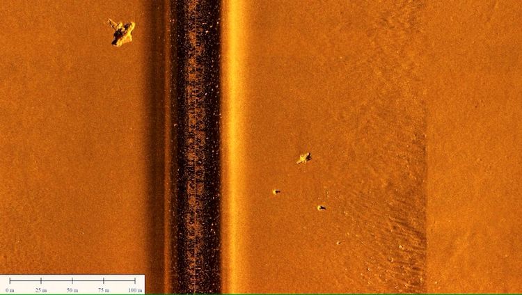 Sonarbild eines Unterwasserbereichs mit einem zentral verlaufenden dunklen Streifen, der möglicherweise ein Objekt oder eine Struktur darstellt. Links oben ist ein größeres erkennbares Objekt, möglicherweise ein Wrackteil, und rechts verteilt kleinere Strukturen. In der unteren linken Ecke befindet sich eine Maßstabsleiste.