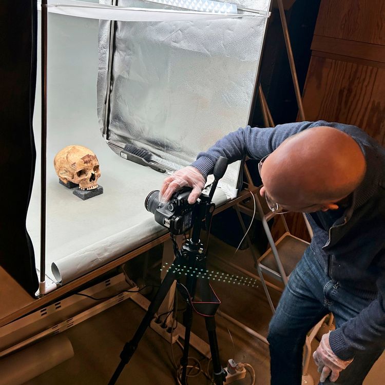 Ein Mann fotografiert mit einer Kamera auf einem Stativ einen Schädel, der in einer beleuchteten Fotobox positioniert ist.
