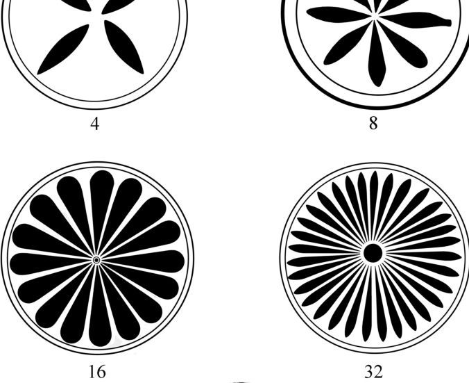 Stilisierte Blumenmuster mit 4, 8, 16 und 32 Blütenblättern.