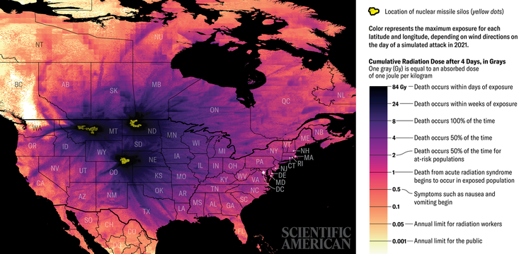 Karte von Nordamerika, die Gebiete mit erhöhtem Fallout-Risiko im Worst-Case-Szenario zeigt