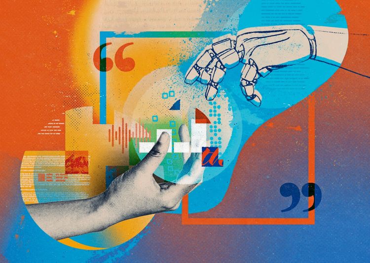 Eine stilisierte Illustration zeigt eine menschliche Hand und eine Roboterhand, die sich einander nähern, um Daten auszutauschen. Die Szene ist in lebhaften Farben gestaltet, mit geometrischen Formen, Pixeln, Zitaten und digitalen Symbolen, die den Austausch betonen.