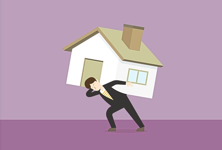Eine Illustration zeigt einen Mann, der ein Haus auf seinem Rücken trägt. 
