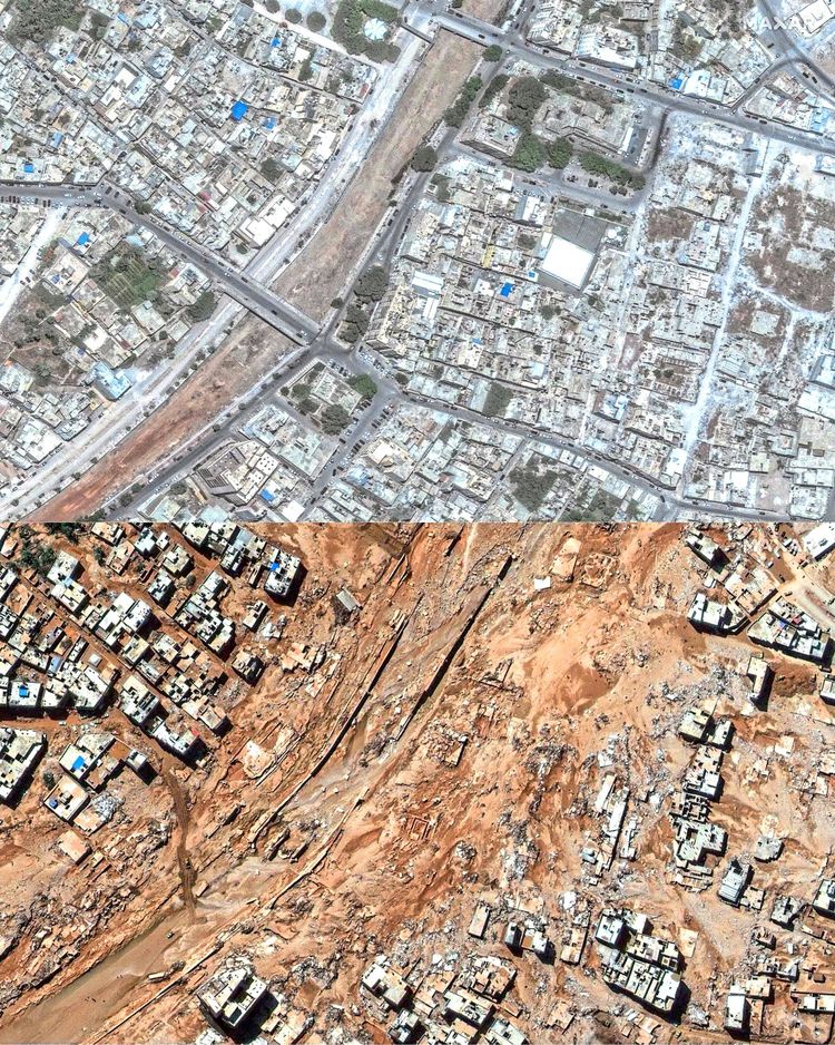 Satellitenbilder von Derna in Libyen nach der Flutkatastrophe.