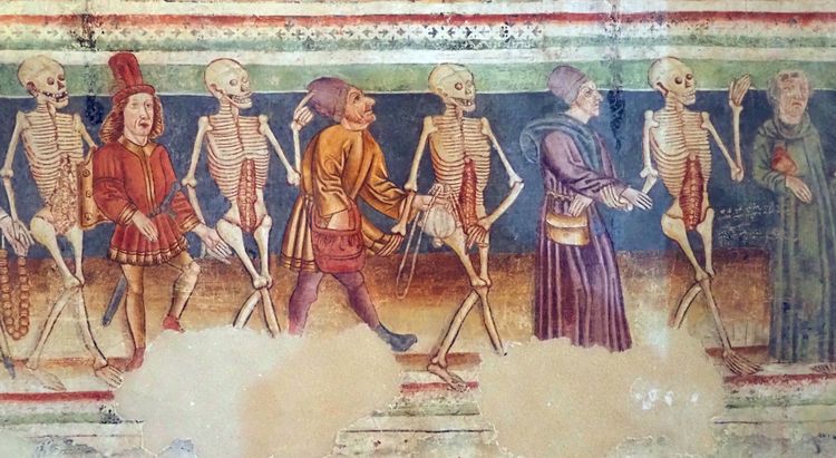 Ringelreih beim Totentanz-Fresko: Gevatter Tod tanzt mit allen.