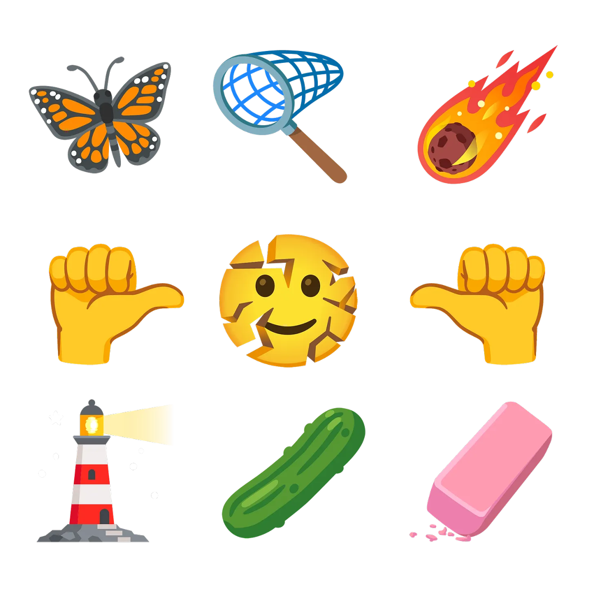 9 new emojis: Monarch Butterfly, Net with Handle, Meteor, Rightwards Thumb Sign, Cracked Smiling Face, Leftwards Thumb Sign, Lighthouse, Pickle, Eraser