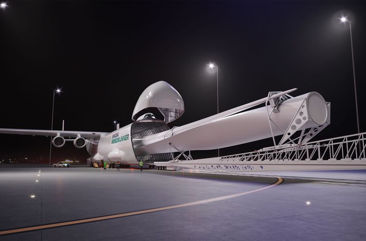 Die größten Rotorflügel für Windräder sollen in dem gigantischen Frachtflugzeug Platz finden.