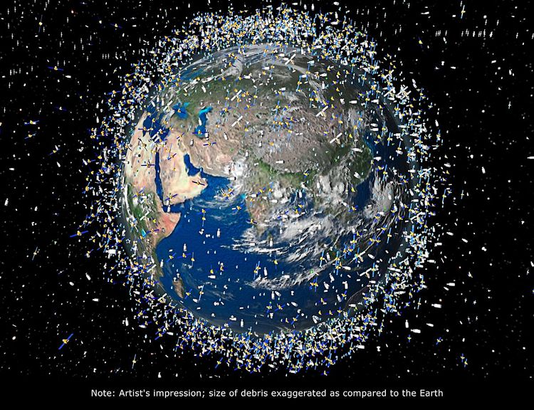 Künstlerische Darstellung von Weltraumschrott, der den Planeten Erde umgibt
