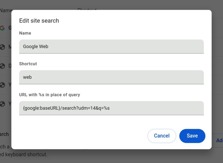 Der Einstellungsdialog für Suchmaschinen in Chrome