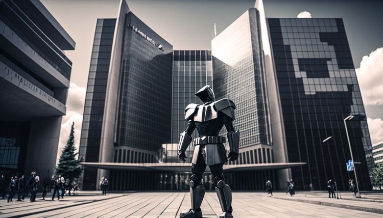 Ein Roboter vor Gebäuden