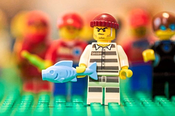 Ein Lego-Männchen hält einen Fisch in der Hand.