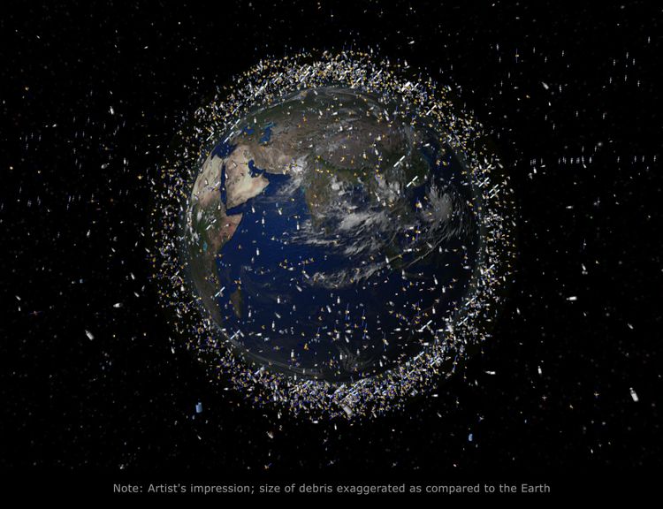 Die Erde vom Weltall aus, umgeben von zahlreichen winzigen Satelliten.