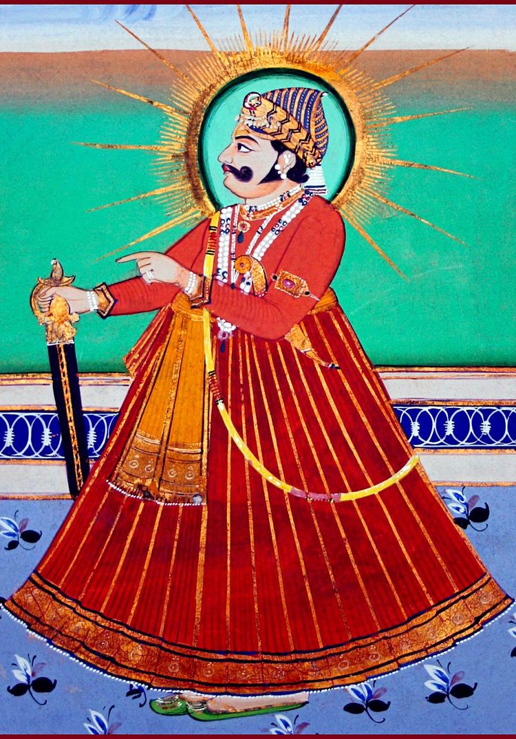 Ein historisches Portrait eines indischen Herrschers mit Schnurrbart und Schwert.