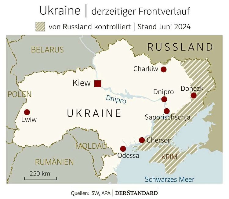 Eine Karte zeigt den aktuellen Frontverlauf zwischen Russen und Ukrainern