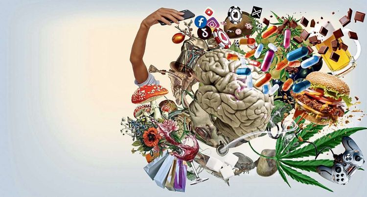 Illustration Gehirn mit vielen unterschiedlichen Suchtmitteln: Essen, Alkohol, Spielkonsole, Magic Mushrooms, Cannabis, Social Media, Tabletten...