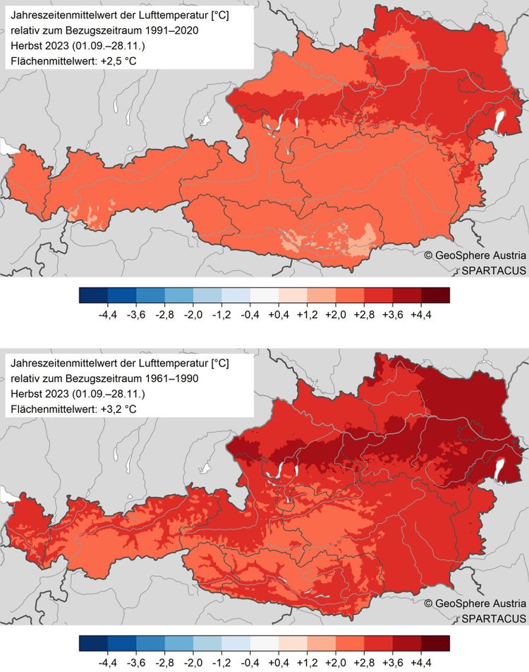 Zwei rot eingefärbte Karten von Österreich, die den Temperaturunterschied des Herbsts 2023 im Vergleich zum Mittel der Jahre 1991–2020 bzw. 1961–1990 zeigen