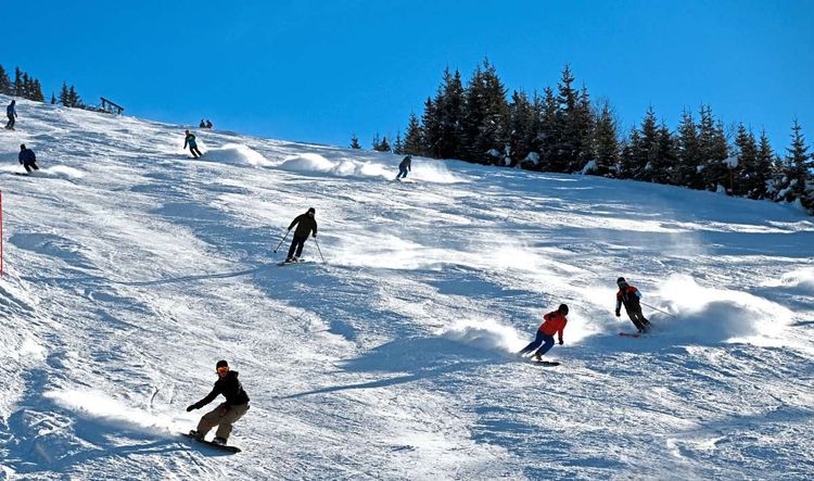 Menschen fahren am Berg Ski