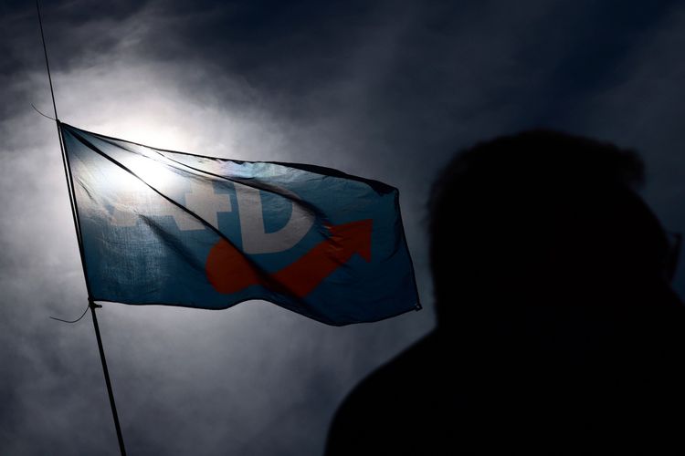 Eine Fahne der Partei Alternative für Deutschland (AfD) weht im Gegenlicht vor einem wolkigen Himmel. Im Vordergrund ist die Silhouette einer Person zu erkennen.