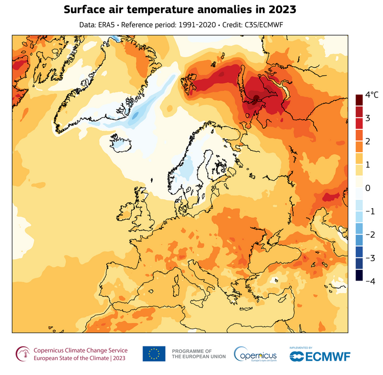 Grafik einer Europakarte, die in fast allen Regionen überdurchschnittliche Temperaturen 2023 im Vergleich zu Referenzperiode 1991 bis 2020 zeigt.