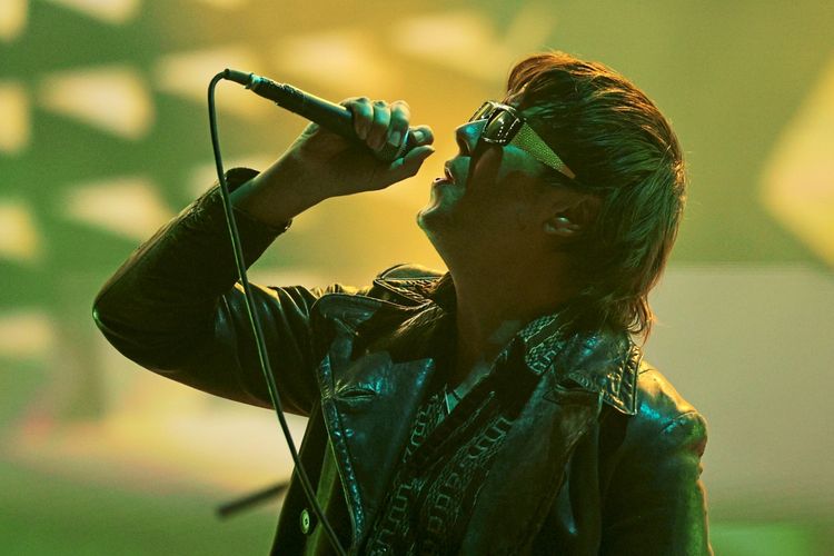 Ein Sänger mit Sonnenbrille und Lederjacke performt mit einem Mikrofon auf einer Bühne, die in grün-gelbem Licht beleuchtet ist.