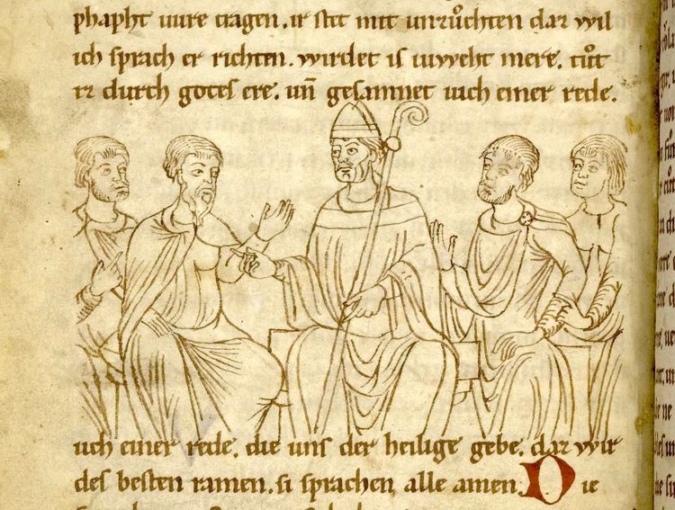 Seite aus dem Rolandslied mit einer Zeichnung mit einem Bischof und Text darüber und darunter.