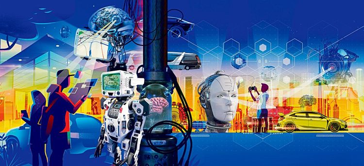 Eine Illustration, welche die Stadt der Zukunft mit Robotern, Autos und Robotern zeigt.