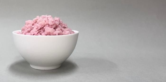 Eine weiße Schale mit rosaförmiger Reis-Rindfleisch-Hybridnahrung