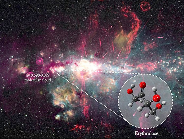 Eine künstlerische Darstellung eines kosmischen Nebels (Molekülwolke G+0.693-0.027) im Weltraum mit einem hervorgehobenen Bereich, der das Molekül Erythrulose zeigt. Das Molekül wird als Kugel-Stab-Modell dargestellt, mit farbigen Kugeln, die verschiedene Atome repräsentieren.