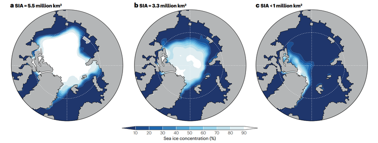 Drei Karten der Arktis zeigen das Ausmaß von 5,5 Millionen Quadratkilometer Meereis, 3,3 Millionen und weniger als eine Million im Vergleich an.